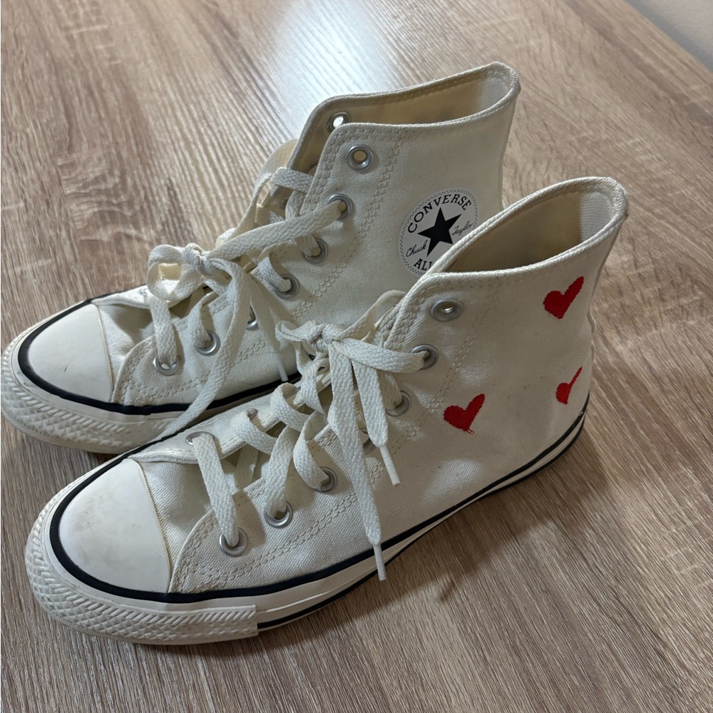 Converse White High-Tops with Red Heart Accents